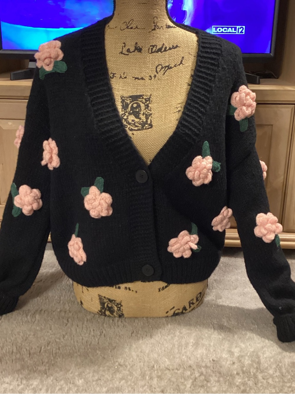 Black Floral Appliqué Button-Front Cardigan with Pink Flowers